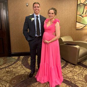 Pink Mac Duggal Ruffled Floral Gown in size 8 Also seen on Anthropologie